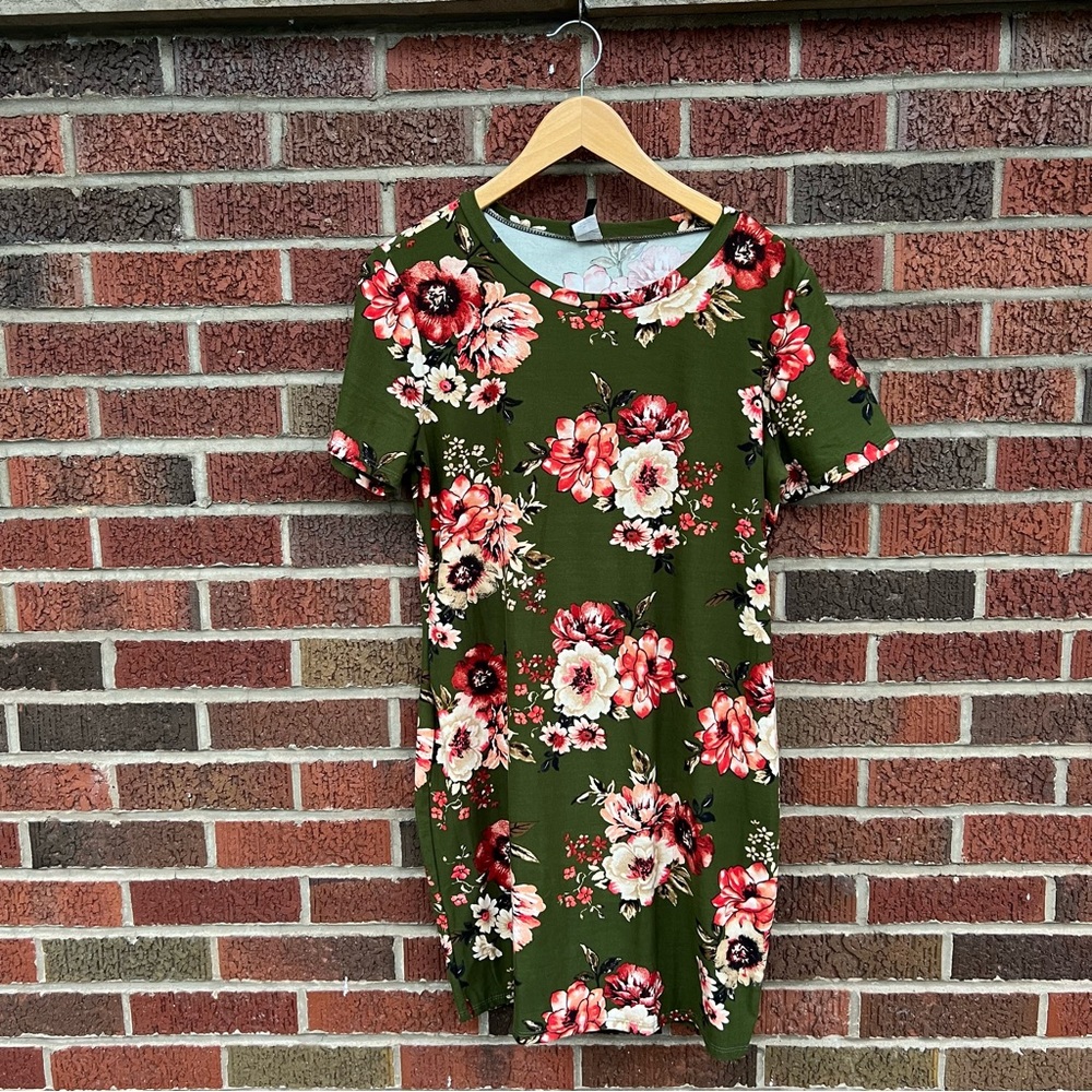 MOA Collection Olive Green and Red Floral Short Sleeve Tee Shirt Dress